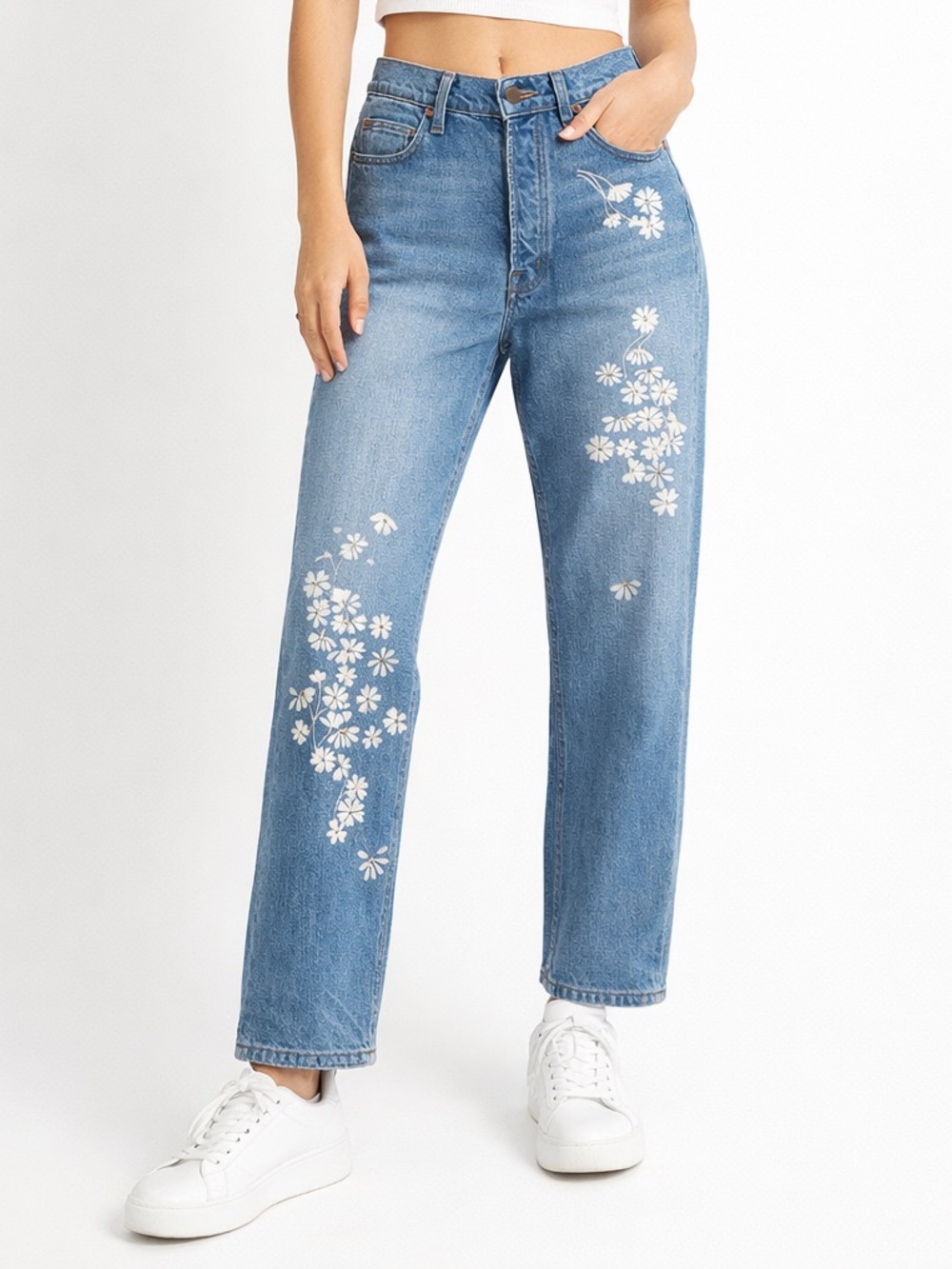 Bliss & Mischief Chamomile Embroidered Jeans SZ. 29 Floral Straight Leg Hi Rise